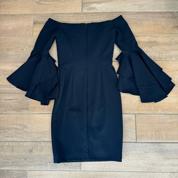 MILLY Women's Selena Off The Shoulder Mini Dress Ruffle Sleeves Navy Bodycon 0 - Picture 8 of 8
